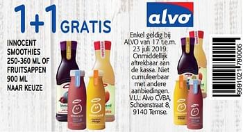 Promoties 1+1 gratis innocent smoothies of fruitsappen - Innocent - Geldig van 17/07/2019 tot 23/07/2019 bij Alvo