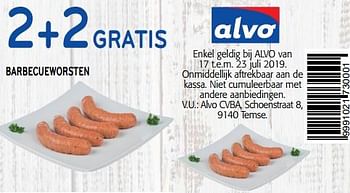 Promoties 2+2 gratis barbecueworsten - Huismerk - Alvo - Geldig van 17/07/2019 tot 23/07/2019 bij Alvo