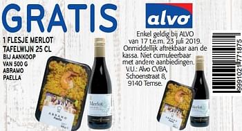 Promoties Gratis 1 flesje merlot tafelwijn - Rode wijnen - Geldig van 17/07/2019 tot 23/07/2019 bij Alvo