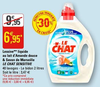 G Promotie Lessive Liquide Au Lait D Amande Douce Savon De Marseille Le Chat Sensitive Le Chat Huishouden Geldig Tot 14 07 19 Promobutler