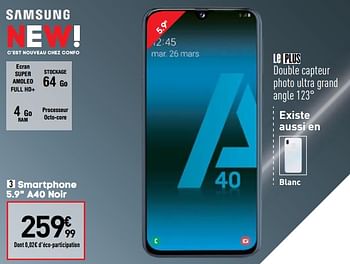 Promotions Samsung smartphone 5.9 a40 noir - Samsung - Valide de 02/07/2019 à 29/07/2019 chez Conforama