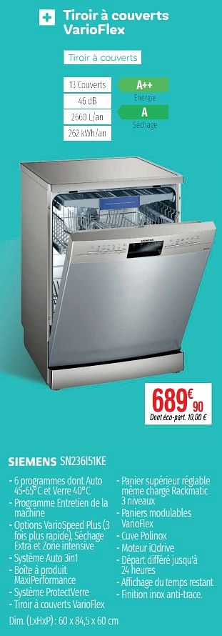 Promotions Lave-vaisselle siemens lave-vaisselle - Siemens - Valide de 01/07/2019 à 31/12/2019 chez Domial Èlectromenager Image et Son