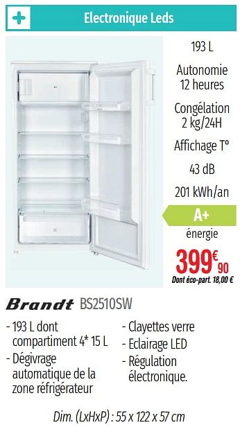 Promotions Réfrigérateurs table brandt bs2510sw - Brandt - Valide de 01/07/2019 à 31/12/2019 chez Domial Èlectromenager Image et Son