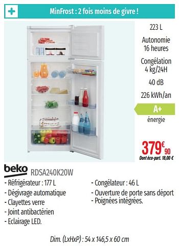 Promoties Réfrigérateurs 2 portes beko rdsa240k20w - Beko - Geldig van 01/07/2019 tot 31/12/2019 bij Domial Èlectromenager Image et Son