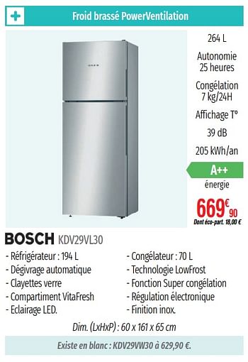 Promotions Réfrigérateurs 2 portes bosch kdv29vl30 - Bosch - Valide de 01/07/2019 à 31/12/2019 chez Domial Èlectromenager Image et Son