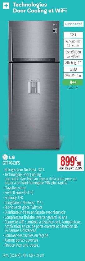 Promotions Réfrigérateurs 2 portes lg gtf7043ps - LG - Valide de 01/07/2019 à 31/12/2019 chez Domial Èlectromenager Image et Son