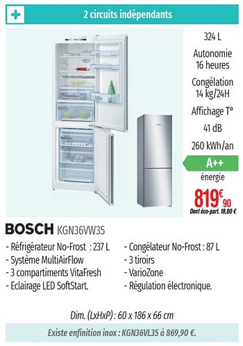 Promotions Réfrigérateurs combinés bosch kgn36vw35 - Bosch - Valide de 01/07/2019 à 31/12/2019 chez Domial Èlectromenager Image et Son
