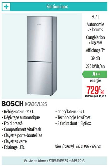 Promoties Réfrigérateurs combinés bosch kgv36vl32s - Bosch - Geldig van 01/07/2019 tot 31/12/2019 bij Domial Èlectromenager Image et Son