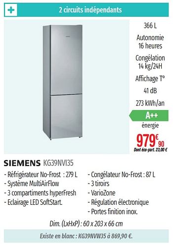 Promotions Réfrigérateurs combinés siemens kg39nvi35 - Siemens - Valide de 01/07/2019 à 31/12/2019 chez Domial Èlectromenager Image et Son