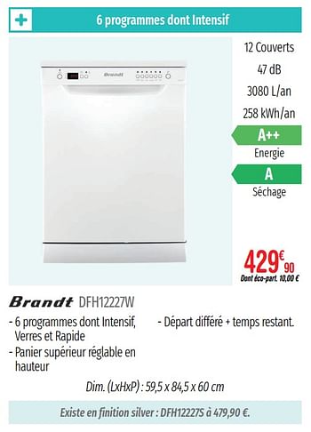 Promoties Lave-vaisselle brandt dfh12227w - Brandt - Geldig van 01/07/2019 tot 31/12/2019 bij Domial Èlectromenager Image et Son
