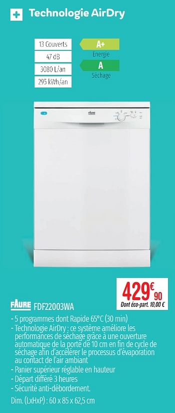 Promotions Lave-vaisselle faure fdf22003wa - Faure - Valide de 01/07/2019 à 31/12/2019 chez Domial Èlectromenager Image et Son