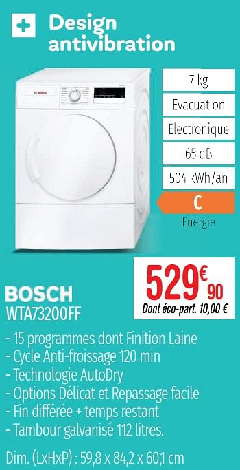 Promotions Sèche-linge bosch wta73200ff - Bosch - Valide de 01/07/2019 à 31/12/2019 chez Domial Èlectromenager Image et Son