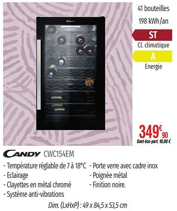 Promotions Caves à vin candy cwc154em - Candy - Valide de 01/07/2019 à 31/12/2019 chez Domial Èlectromenager Image et Son