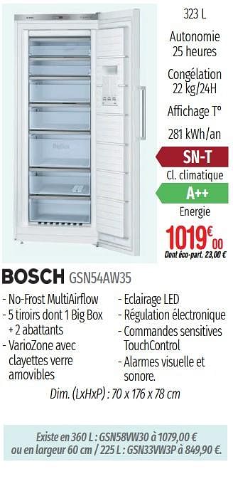 Promoties Congélateurs armoires bosch gsn54aw35 - Bosch - Geldig van 01/07/2019 tot 31/12/2019 bij Domial Èlectromenager Image et Son