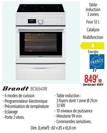 Promotions Cuisinières électriques brandt bci6641w - Brandt - Valide de 01/07/2019 à 31/12/2019 chez Domial Èlectromenager Image et Son