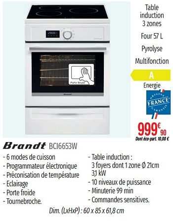 Promotions Cuisinières électriques brandt bci6653w - Brandt - Valide de 01/07/2019 à 31/12/2019 chez Domial Èlectromenager Image et Son
