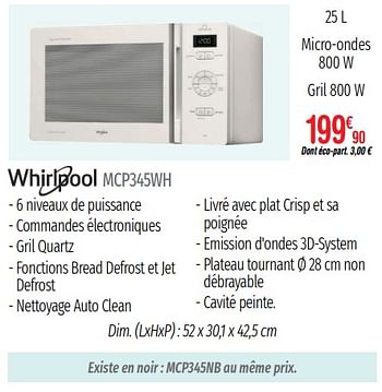Promotions Micro-ondes gril whirlpool mcp345wh - Whirlpool - Valide de 01/07/2019 à 31/12/2019 chez Domial Èlectromenager Image et Son