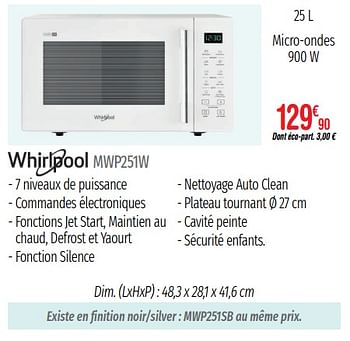 Promoties Micro-ondes whirlpool mwp251w - Whirlpool - Geldig van 01/07/2019 tot 31/12/2019 bij Domial Èlectromenager Image et Son