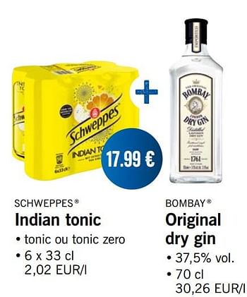 Promotions Indian tonic + original dry gin - Produit maison - Lidl - Valide de 22/07/2019 à 27/07/2019 chez Lidl