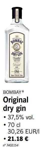 Promotions Original dry gin - Bombay - Valide de 22/07/2019 à 27/07/2019 chez Lidl