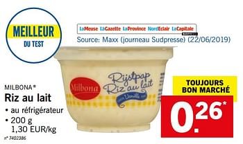 Promotions Riz au lait - Milbona - Valide de 22/07/2019 à 27/07/2019 chez Lidl