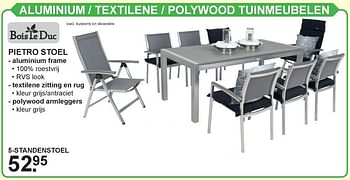 Promoties Aluminium - textilene 1 polywood tuinmeubelen pietro stoel 5-standenstoel - Bois le Duc - Geldig van 15/07/2019 tot 03/08/2019 bij Van Cranenbroek