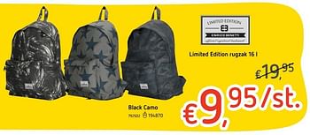 Promoties Limited edition rugzak 16 l black camo - Limited Edition - Geldig van 25/07/2019 tot 04/09/2019 bij Dreamland