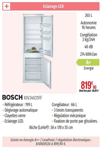 Promotions Réfrigerateurs intégrables combinés niche bosch kiv34v21ff - Bosch - Valide de 01/07/2019 à 31/12/2019 chez Domial Èlectromenager Image et Son