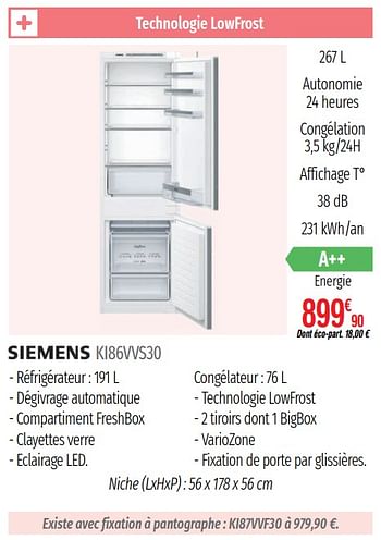 Promotions Réfrigerateurs intégrables combinés niche siemens ki86vvs30 - Siemens - Valide de 01/07/2019 à 31/12/2019 chez Domial Èlectromenager Image et Son