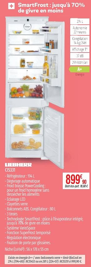 Promoties Réfrigerateurs intégrables combinés smartfrost : jusqu`à 70% de givre en moins liebherr cis331 - Liebherr - Geldig van 01/07/2019 tot 31/12/2019 bij Domial Èlectromenager Image et Son