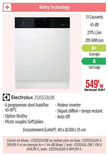 Promoties Lave-vaisselle intégrables electrolux esi5533lok - Electrolux - Geldig van 01/07/2019 tot 31/12/2019 bij Domial Èlectromenager Image et Son
