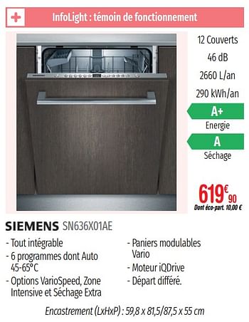 Promotions Lave-vaisselle intégrables siemens sn636x01ae - Siemens - Valide de 01/07/2019 à 31/12/2019 chez Domial Èlectromenager Image et Son