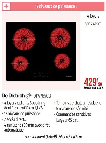 Promotions Tables de cuisson vitrocéramique de dietrich dpv7650b - De Dietrich - Valide de 01/07/2019 à 31/12/2019 chez Domial Èlectromenager Image et Son