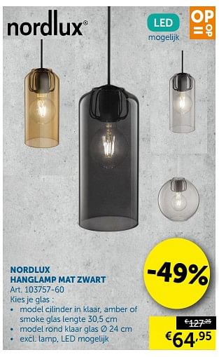 Promoties Nordlux hanglamp mat zwart - nordlux - Geldig van 23/07/2019 tot 19/08/2019 bij Zelfbouwmarkt