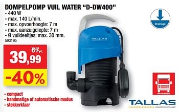 Promoties Tallas dompelpomp vuil water d-dw400 - Tallas - Geldig van 17/07/2019 tot 28/07/2019 bij Hubo