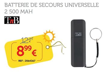 Promotions Tnb batterie de secours universelle 2 500 mah - TnB - Valide de 11/07/2019 à 18/08/2019 chez Auto 5