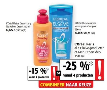Promoties L`oréal paris alle elsève-producten of men expert deo - L'Oreal Paris - Geldig van 17/07/2019 tot 30/07/2019 bij Colruyt