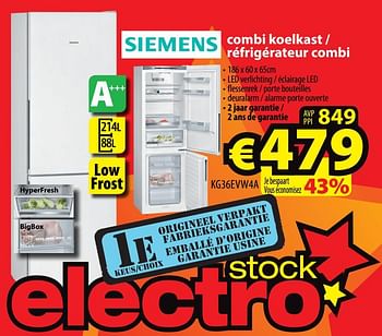 Promoties Siemens combi koelkast - réfrigérateur combi kg36evw4a - Siemens - Geldig van 24/07/2019 tot 31/07/2019 bij ElectroStock