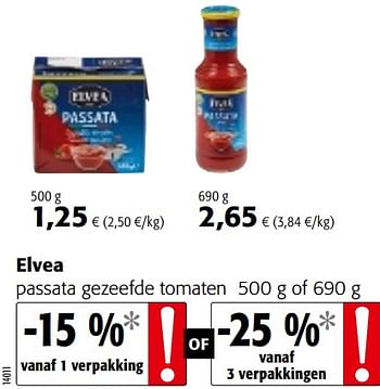 Promoties Elvea passata gezeefde tomaten - Elvea - Geldig van 17/07/2019 tot 30/07/2019 bij Colruyt