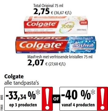 Promoties Colgate alle tandpasta`s - Colgate - Geldig van 17/07/2019 tot 30/07/2019 bij Colruyt