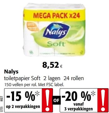 Promoties Nalys toiletpapier soft 2 lagen 24 rollen - Nalys - Geldig van 17/07/2019 tot 30/07/2019 bij Colruyt