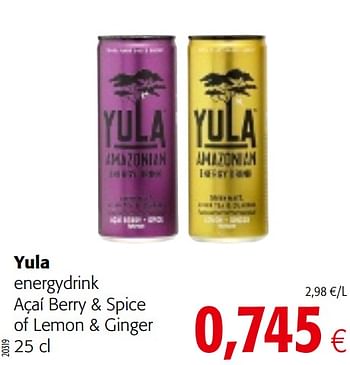 Promotions Yula energydrink açaí berry + spice of lemon + ginger - Yula  - Valide de 17/07/2019 à 30/07/2019 chez Colruyt