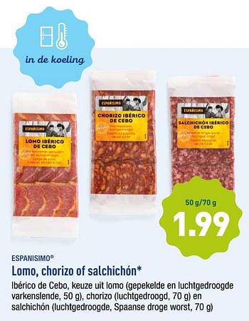 Promoties Lomo, chorizo of salchichón - Españisimo - Geldig van 22/07/2019 tot 27/07/2019 bij Aldi