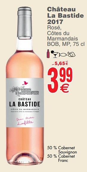 Promoties Château la bastide 2017 rosé , côtes du marmandais bob, mp - Rosé wijnen - Geldig van 23/07/2019 tot 29/07/2019 bij Cora