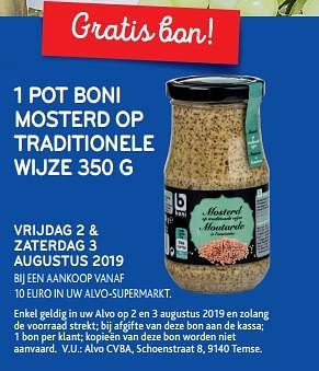 Promotions 1 pot boni mosterd op traditionele wijze 350 g - Boni - Valide de 02/08/2019 à 03/08/2019 chez Alvo