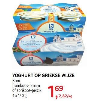 Promotions Yoghurt op griekse wijze boni framboos-braam of abrikoos-perzik - Boni - Valide de 31/07/2019 à 13/08/2019 chez Alvo