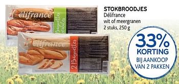 Promotions 33% korting bij aankoop van 2 pakken stokbroodjes délifrance wit of meergranen - Delifrance - Valide de 31/07/2019 à 13/08/2019 chez Alvo