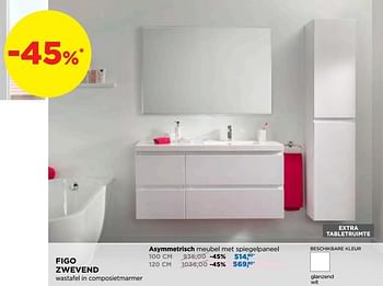 Promoties Figo zwevend wastafel in composietmarmer asymmetrisch meubel met spiegelpaneel - Linie - Geldig van 01/08/2019 tot 31/08/2019 bij X2O