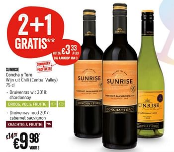 Promoties Sunrise concha y toro wijn uit chili central valley - Rode wijnen - Geldig van 18/07/2019 tot 24/07/2019 bij Delhaize