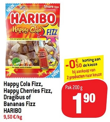 Promoties Happy cola fizz, happy cherries fizz, dragibus of bananas fizz haribo - Haribo - Geldig van 24/07/2019 tot 30/07/2019 bij Match